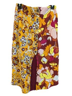 Anthropologie Maeve Button Front Midi Skirt Small Floral Mod Retro Mixed Print